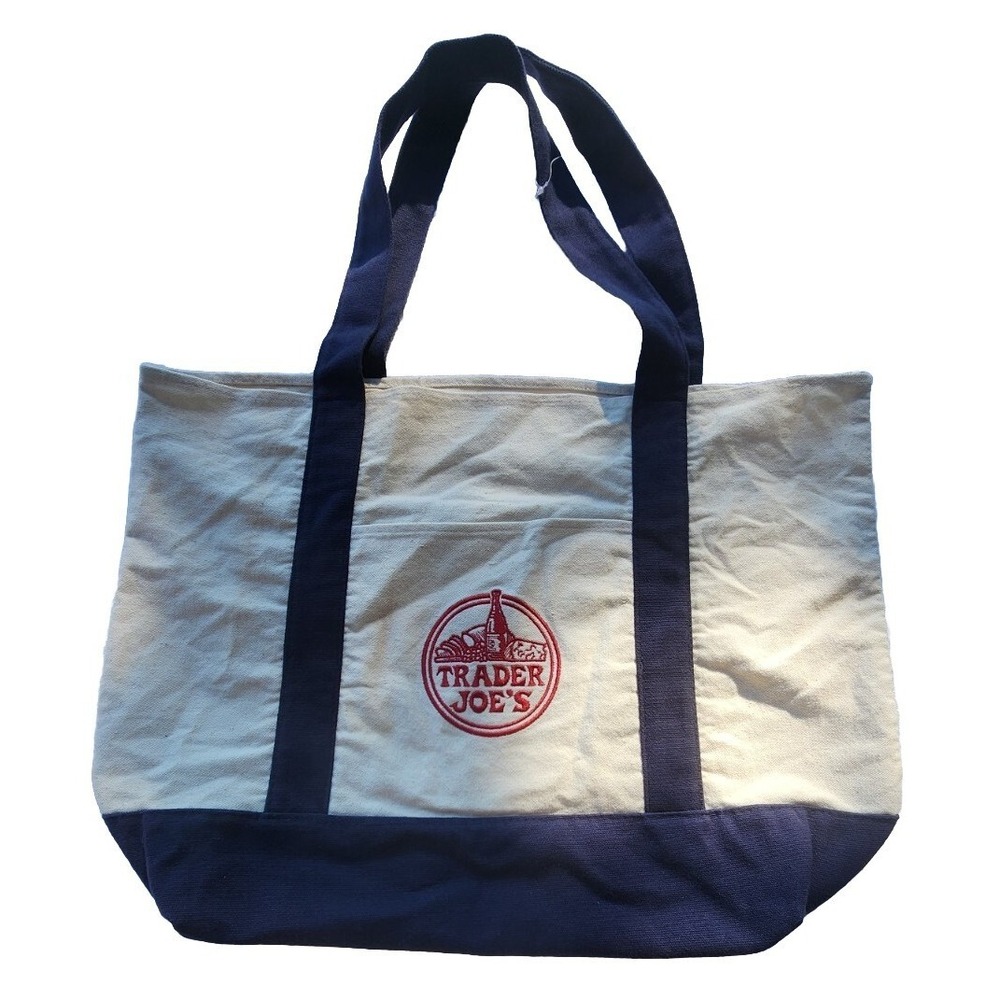 Trader Joes Reusable Canvas Cloth Tote Bag Grocery Navy Red Recycle Trendy
